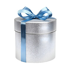 Silver gift box with ribbon present for celebration on transparent background