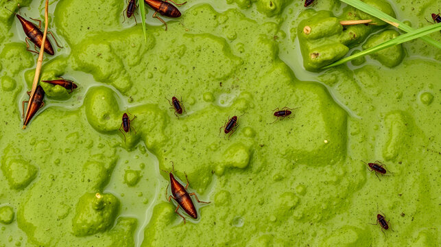 Bog covered with green ooze. Texture of green swamp ooze with insect. Green swamp mud with insect and grass. - Powered by Adobe