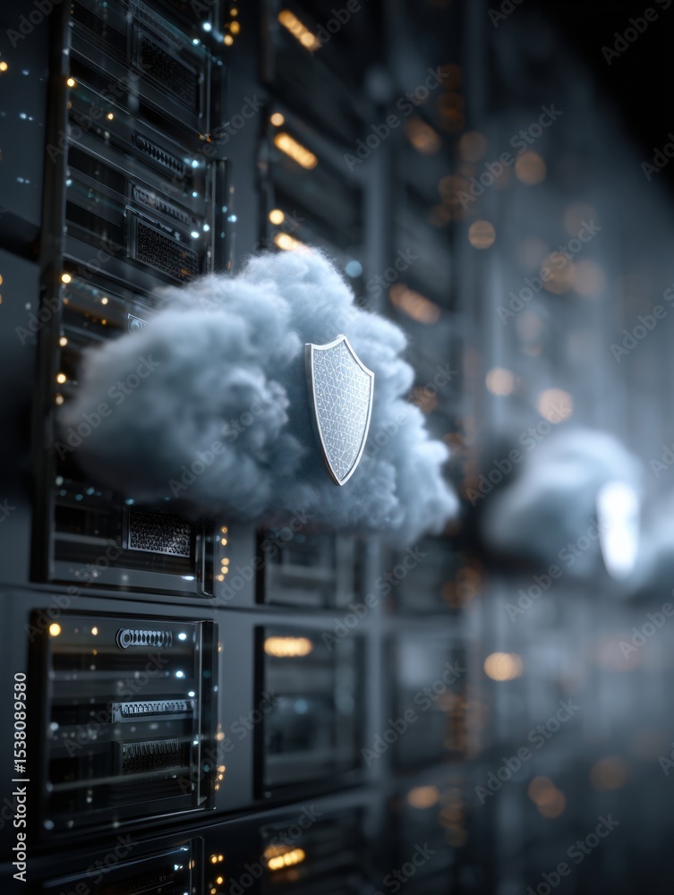 Aufkleber Vault-style Cloud Storage Visualization With Protective Shields Signifying Data Security and Integrity in a Digital Environment