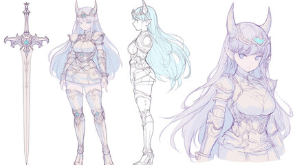 Anime warrior woman sketch design pose with different face expressions