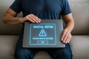 Digital detox warning. Laptop showing screen time alert with glowing UI