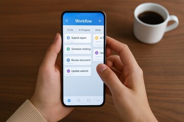 Task manager app. Workflow interface on smartphone with organized to-do list.