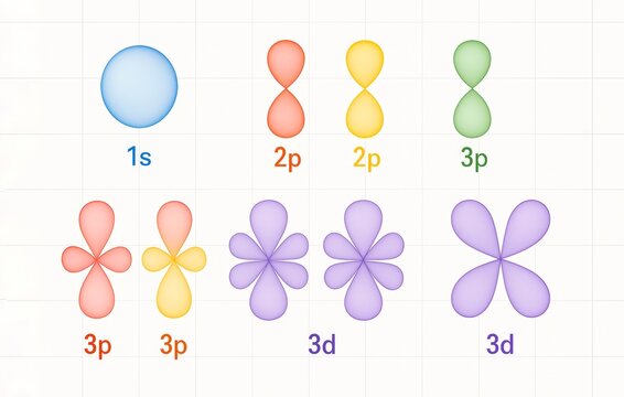 Atomic orbitals. Illustration of s, p, d orbital shapes and energy levels in atoms