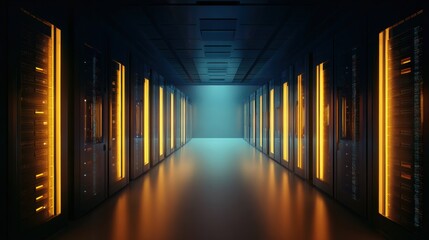 Illuminated Server Room with Rows of Data Storage Units