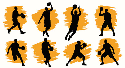 Basketball Players Silhouettes in Action Poses with Orange Brush Strokes