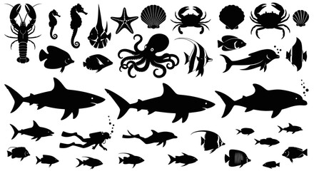 Black Silhouette Collection of Aquatic Animals