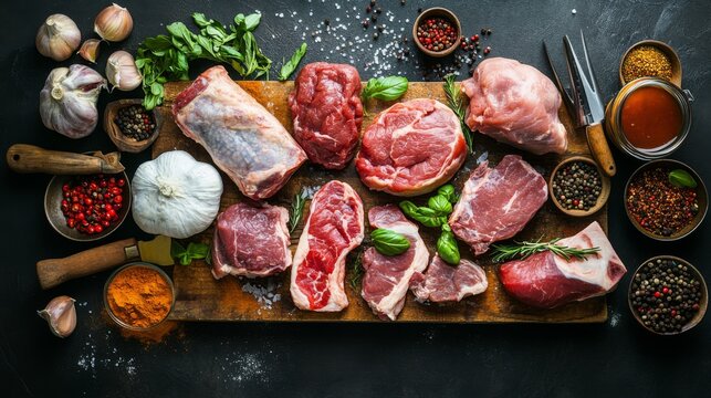 An overhead view of a variety of raw meats, including beef, chicken, and pork, arranged on a butchers block with spices, herbs, and cooking tools.