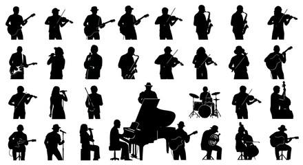 Silhouettes of Musicians Playing Various Instruments