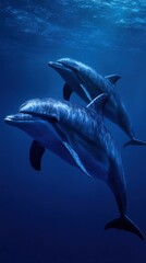 Fototapeta premium Two dolphins gracefully swimming underwater in deep blue ocean