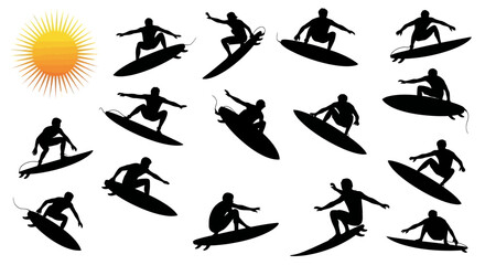 Silhouettes of Surfers Riding Waves in Various Poses
