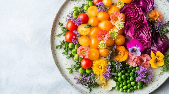 colorful plate of fresh vegetables and edible flowers arranged artfully on a ceramic dish