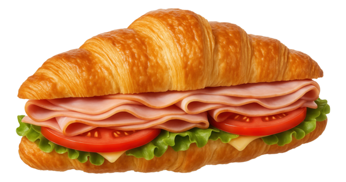 A croissant sandwich filled with slices of ham, fresh lettuce, tomato, and cheese on transparent background.