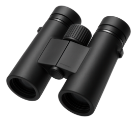 Sleek black binoculars with textured grips and central focus knob on transparent background.