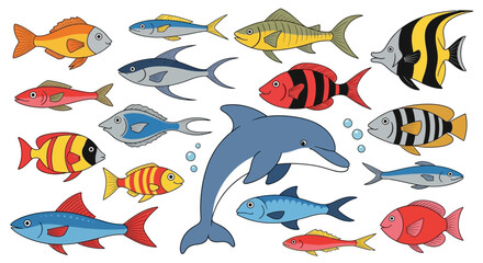 Naklejka premium Colorful Cartoon Fish and Dolphin Collection