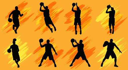 Eight Silhouettes of Basketball Players in Action