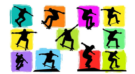 Silhouetted Skateboarders Performing Various Tricks on Colorful Backgrounds