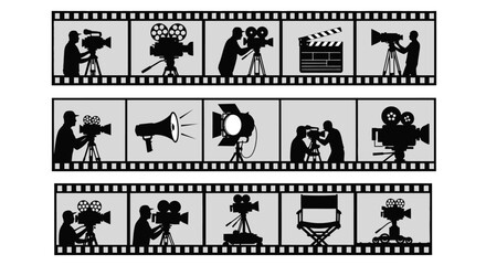 Film Strip with Filmmaking Equipment and People Silhouettes