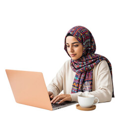Fototapeta premium Focused Muslim Woman Working on Laptop with Coffee
