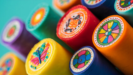 Close up view of colorful candy rolls with decorative designs on a blue background