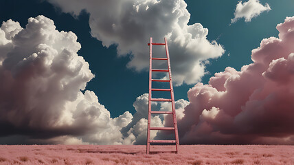 Pink Ladder Against Fluffy Clouds in Surreal Pink Landscape Suggesting a Bridge Between Earth and Sky

