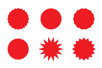 Set of red starburst. Price sticker, sale sticker, price tag, starburst, quality mark, retro stars, sale. Circle sticker set. Wavy edge promo red badges. Star burst shape tags for price. Red sale tag 