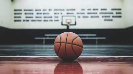 A basketball resting on a bench in an empty gym, with motivational quotes on the wall in the background, creating an inspiring sports environment.