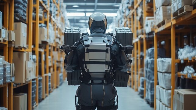 A worker in an exoskeleton suit lifting a heavy object effortlessly