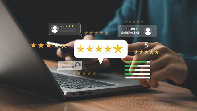 Customer review satisfaction feedback survey concept, person in a business suit interacting with floating digital 5-star customer reviews. User give rating to service experience on online application