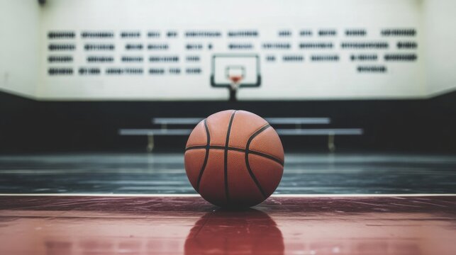 A basketball resting on a bench in an empty gym, with motivational quotes on the wall in the background, creating an inspiring sports environment.