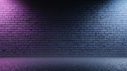 Fototapeta premium Brick wall illuminated with pink and blue lights creating a textured background.
