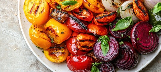 Grilled vegetables on white plate in autumn colors and textures