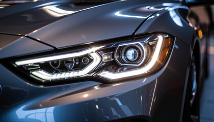 Modern car headlight with LED light design shining brightly on metallic gray vehicle