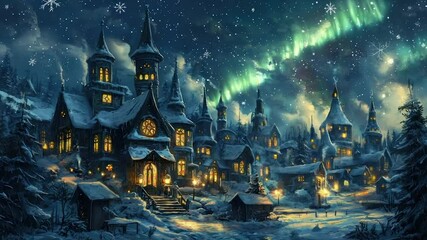 Snowy, enchanting winter village at night under a vibrant aurora borealis - Powered by Adobe