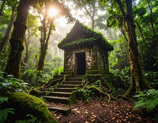 Traditional Japanese architecture with wooden elements nestled in a lush garden, evoking a serene temple or rural village home amidst nature