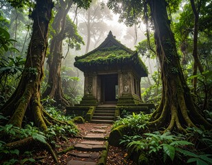 Traditional Japanese temple and wooden architecture nestled in a serene forest garden with lush trees and natural summer parkland
