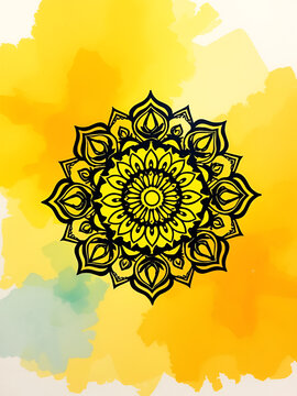 yellow and orange watercolor background with a mandal design