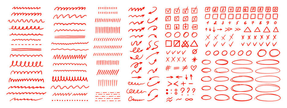 Crayon marks set, red pencil drawings. Doodle chalk punctuation, symbols, underlines, strikethroughs, arrows, check marks, dots and ellipses. Hand drawn line symbols. Vector illustration on white bg - Powered by Adobe