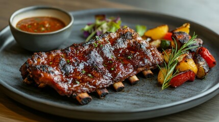 A beautifully plated dish of pork ribs with a spicy rub, served with a side of grilled vegetables and a tangy dipping sauce, set against a modern dining backdrop.