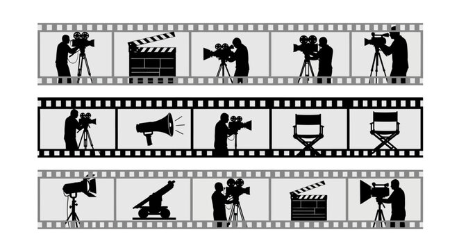 Silhouetted Film Crew Elements Depicted on Filmstrip Frames