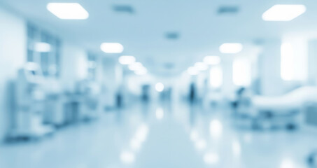 Blurred hospital interior with beds and medical equipment in a light blue setting.