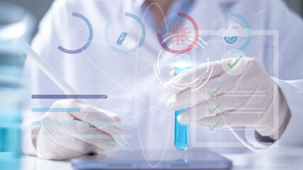 Close-up hand scientist recording experiment results data analysis in laboratory science medicine research concept