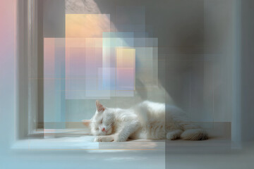 Sleeping White Cat in Geometric Pastel Dreamscape — AI Generated