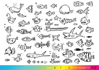 Hand drawing doodle cute fish vector illustration , Cute fish cartoon, sea animal