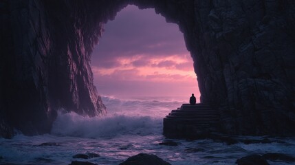 A solitary figure sits on steps within a natural rock archway, overlooking a vibrant sunset over the ocean.
