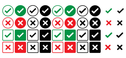 Check box tick mark icon in red and black cross mark in red and black set button correct right wrong buttons or yes or no checkmark red cross green tick vector illustration, PNG transparent background
