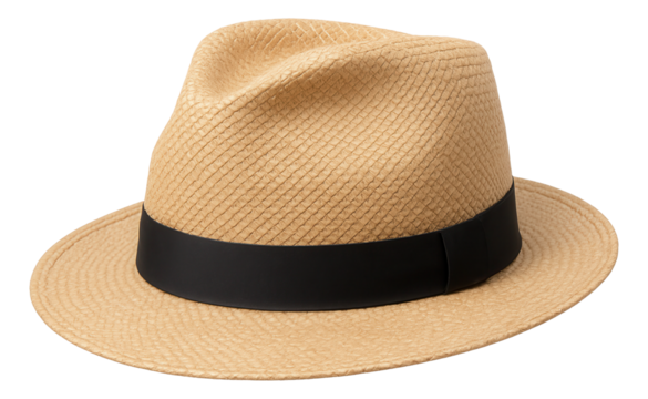 Tan straw fedora hat with a textured weave and a black band on transparent background.