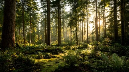 Fototapeta premium Serene forest landscape at sunrise with tall trees, lush greenery, and soft light filtering through