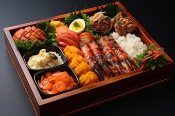 Delicious bento box featuring grilled shrimp, sushi rolls, and various colorful sides for lunch
