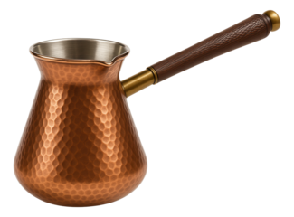 Hammered copper cezve pot with a long wooden handle for brewing traditional Turkish coffee on transparent background.