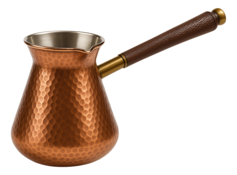 Hammered copper cezve pot with a long wooden handle for brewing traditional Turkish coffee on transparent background.